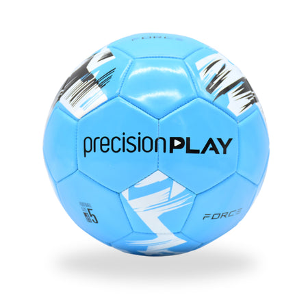 The Precision Training PrecisionPLAY Force Football in fluo blue, white, and black features "precision PLAY" and "FORCE" text on its panels. Durable and ideal for garden matches, it's shown against a plain white background.