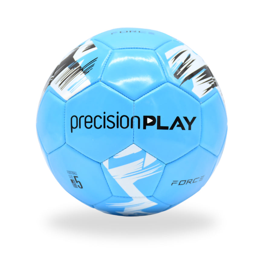 The Precision Training PrecisionPLAY Force Football in fluo blue, white, and black features "precision PLAY" and "FORCE" text on its panels. Durable and ideal for garden matches, it's shown against a plain white background.