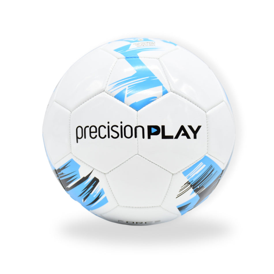 The Precision Training PrecisionPLAY Force Football features white, fluo blue, and black brushstroke patterns with "precision PLAY" text—ideal for garden matches and shown on a plain white background.
