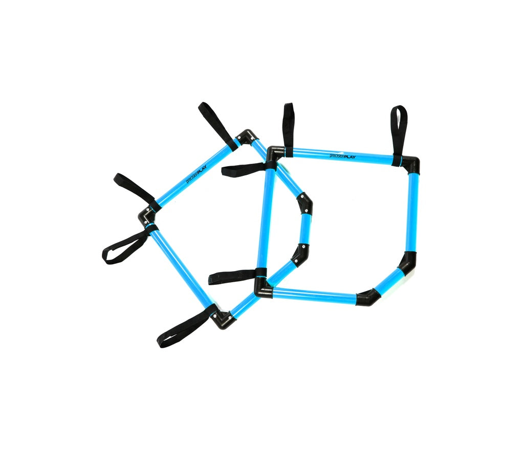 Two Precision Training PrecisionPLAY Top Bins Corner Targets, blue and black hexagonal rings with black corner straps for goal training and improving shooting accuracy, are displayed on a white background.