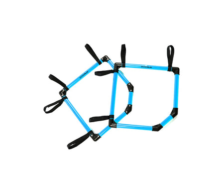 Two Precision Training PrecisionPLAY Top Bins Corner Targets, blue and black hexagonal rings with black corner straps for goal training and improving shooting accuracy, are displayed on a white background.