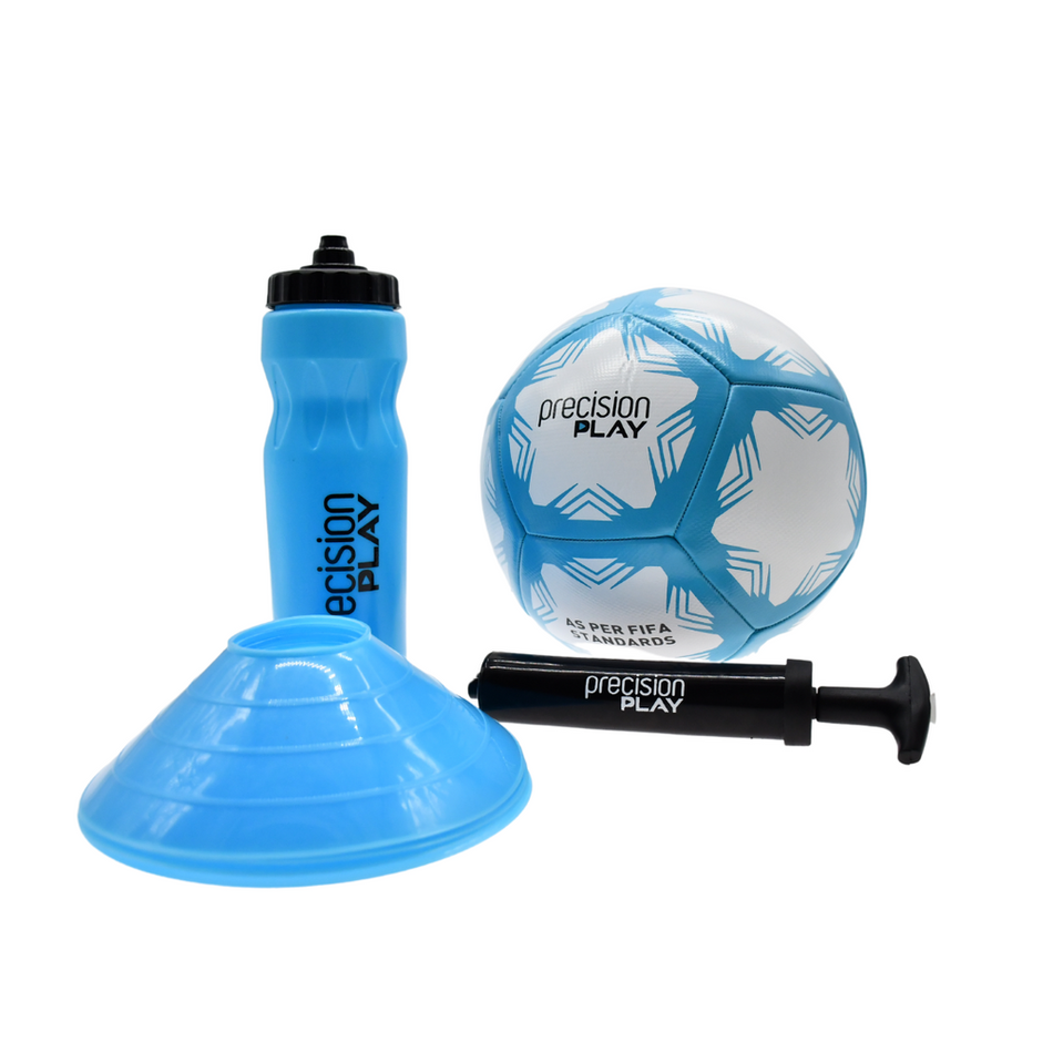 The Precision Training PrecisionPLAY Football Training Set includes a blue and white ball, blue water bottle, small blue pump, and two cones—ideal for skill-building or as a football gift.