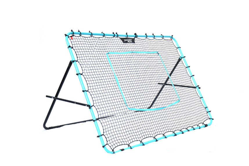 The Precision Training PrecisionPLAY Mega Rebounder features a large, angled black metal frame with blue edging, two legs, and a central target area—ideal football training gear for practicing throwing and catching.