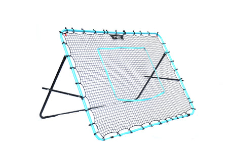 The Precision Training PrecisionPLAY Mega Rebounder features a large, angled black metal frame with blue edging, two legs, and a central target area—ideal football training gear for practicing throwing and catching.