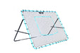 The Precision Training PrecisionPLAY Mega Rebounder features a large, angled black metal frame with blue edging, two legs, and a central target area—ideal football training gear for practicing throwing and catching.