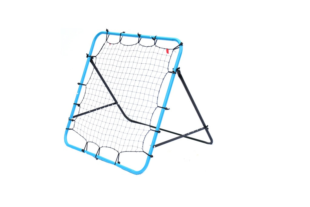 The Precision Training PrecisionPLAY Adjustable Rebounder features a square blue frame, black support legs, and a high-tension net—perfect for football, soccer, or baseball training—shown on a plain white background.