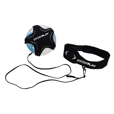The Precision Training PrecisionPLAY Solo Kick Skills Trainer is a soccer aid with a ball holder on a long elastic cord and an adjustable black waist belt for solo practice.