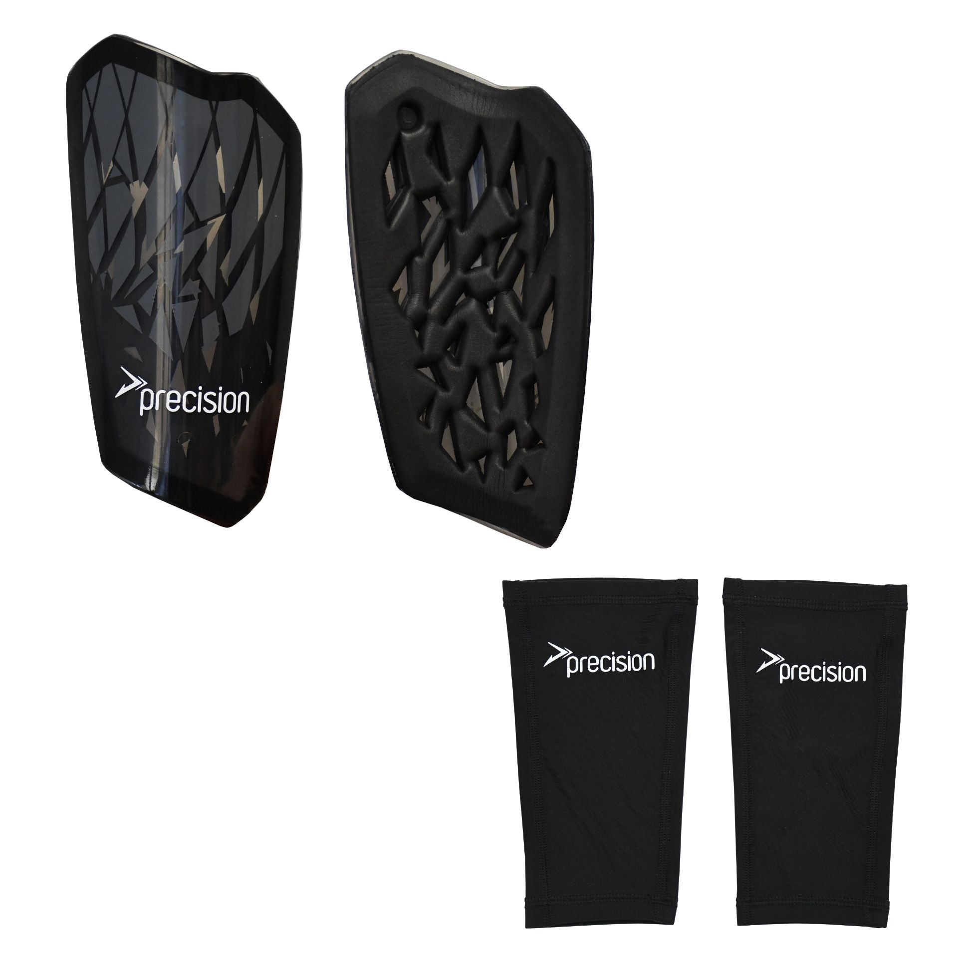The Precision Pro Fusion Flex Shin Guards by Precision Training feature a black geometric design and come with two matching fabric sleeves, both branded in white, offering elite protection and flexible comfort.