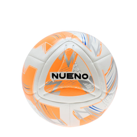 The Precision Training Nueno FIFA Quality Pro Match Football 2024 is white with fluo orange, blue, and silver patterns, featuring hybrid construction and FIFA Quality Pro certification. The NUENO name appears in black on the front.