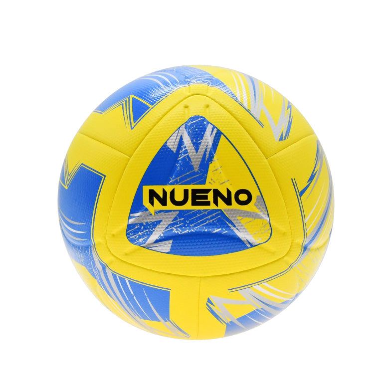 The Precision Nueno FIFA Quality Pro Match Football 2024 by Precision Training features yellow, blue, silver, and white colors with hybrid construction, abstract patterns, and a bold NUENO logo. FIFA Quality Pro certified.