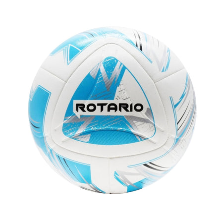 The Precision Training Rotario FIFA Quality Match Football features a white, silver, cyan, and black design with "ROTARIO" boldly printed on a blue panel and boasts a textured PU outer.