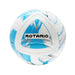 The Precision Training Rotario FIFA Quality Match Football features a white, silver, cyan, and black design with "ROTARIO" boldly printed on a blue panel and boasts a textured PU outer.