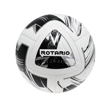 The Precision Training Rotario FIFA Quality Match Football is a white, silver, and black ball with bold abstract patterns, a textured PU outer, and "ROTARIO" branded on the center triangular panel.