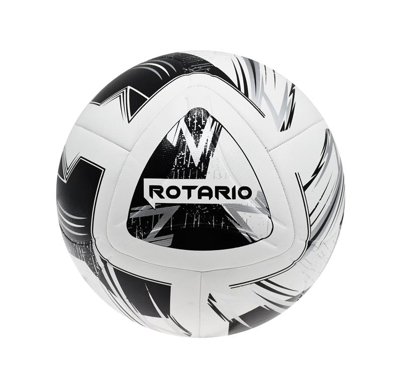 The Precision Training Rotario FIFA Quality Match Football is a white, silver, and black ball with bold abstract patterns, a textured PU outer, and "ROTARIO" branded on the center triangular panel.