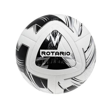 The Precision Training Rotario FIFA Quality Match Football is a white, silver, and black ball with bold abstract patterns, a textured PU outer, and "ROTARIO" branded on the center triangular panel.