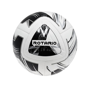 The Precision Training Rotario FIFA Quality Match Football is a white, silver, and black ball with bold abstract patterns, a textured PU outer, and "ROTARIO" branded on the center triangular panel.