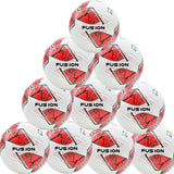 A pyramid of ten Precision Training Fusion FIFA Basic Training Balls in white/red/grey/black offers durable performance and bold FUSION branding, meeting FIFA Basic Match Standard.
