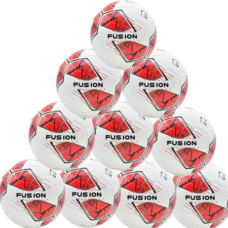 A pyramid of ten Precision Training Fusion FIFA Basic Training Balls in white/red/grey/black offers durable performance and bold FUSION branding, meeting FIFA Basic Match Standard.