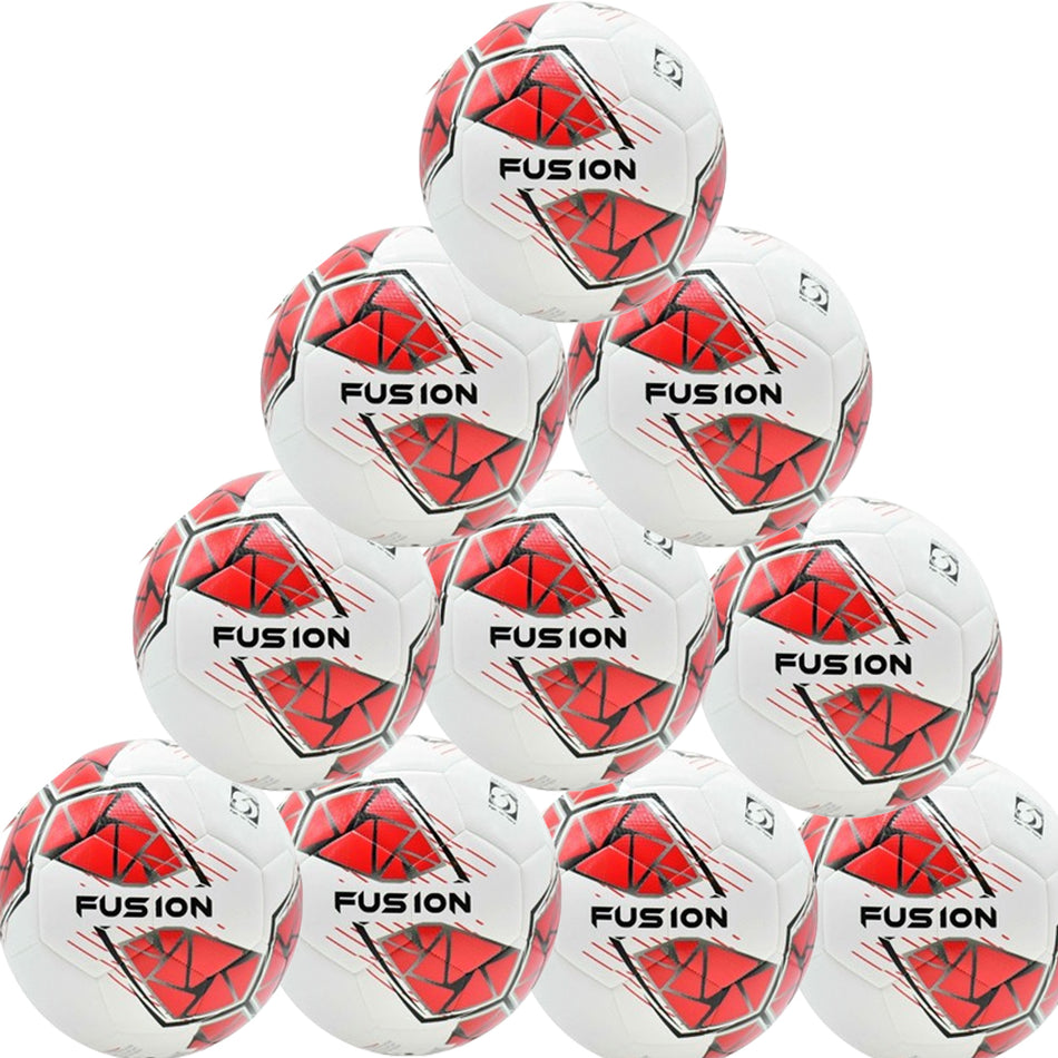 A pyramid of ten Precision Training Fusion FIFA Basic Training Balls in white/red/grey/black offers durable performance and bold FUSION branding, meeting FIFA Basic Match Standard.