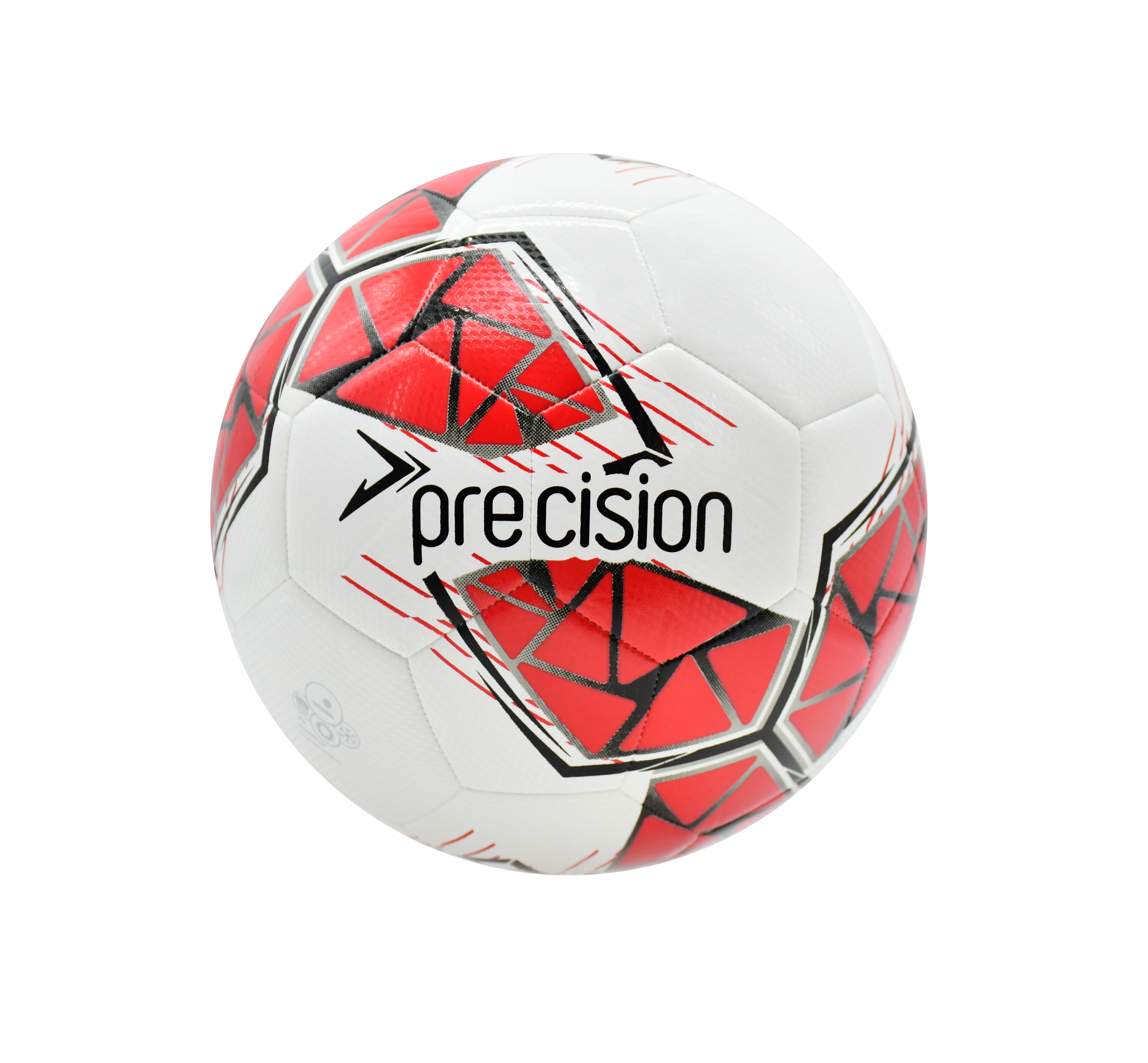 The Precision Fusion FIFA Basic Training Ball by Precision Training features a white textured TPU outer shell, red and black geometric patterns, and "precision" printed in black text on the front.