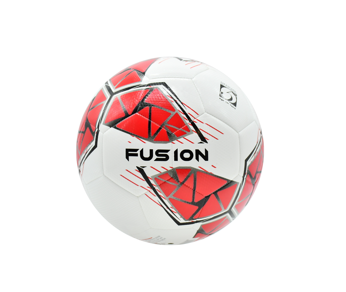 The Precision Fusion FIFA Basic Training Ball by Precision Training is a white ball with red and black geometric patterns, "FUSION" branding, and a textured TPU outer shell, shown on a plain white background.