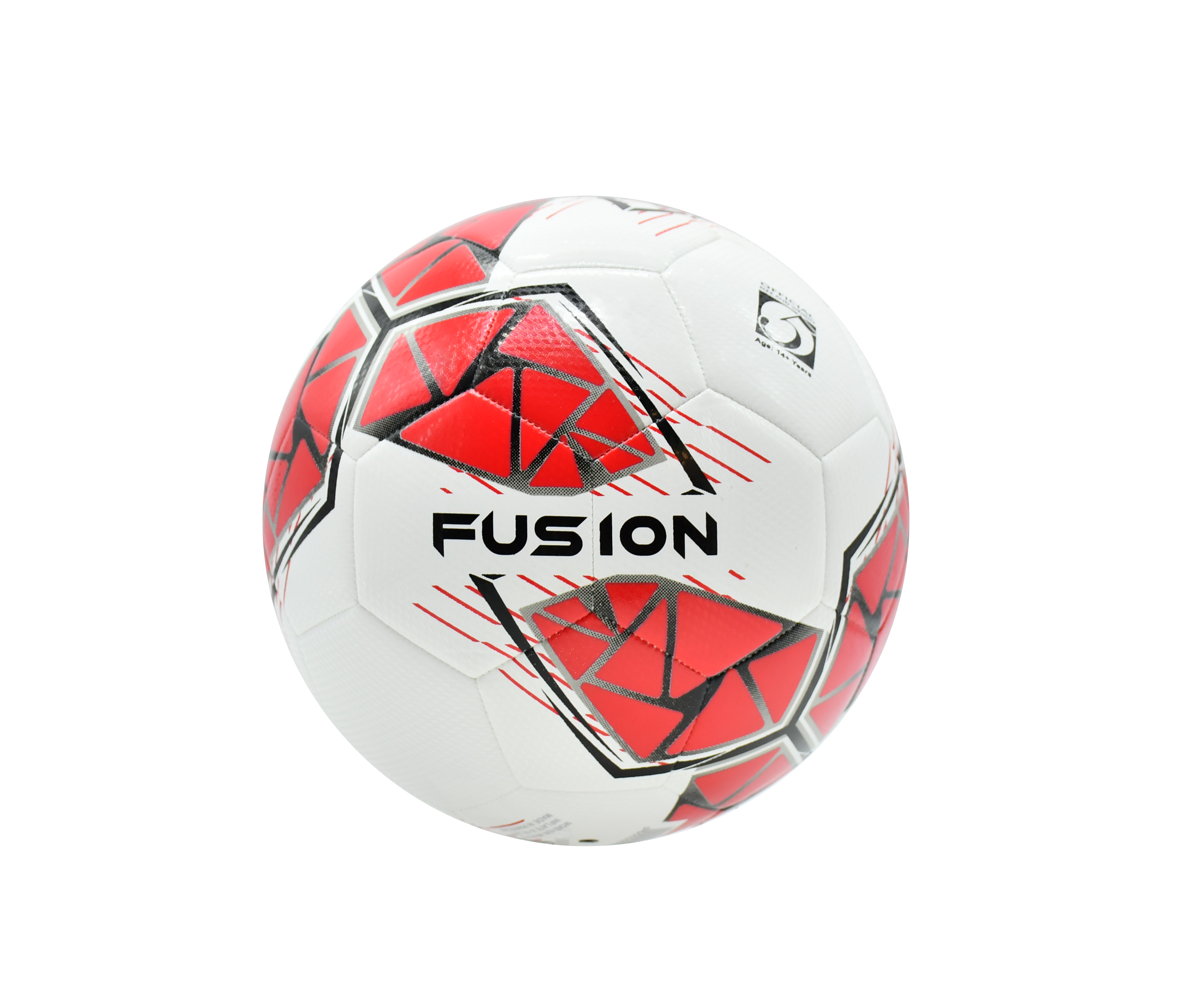 The Precision Fusion FIFA Basic Training Ball by Precision Training is a white ball with red and black geometric patterns, "FUSION" branding, and a textured TPU outer shell, shown on a plain white background.