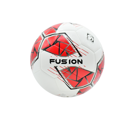 The Precision Fusion FIFA Basic Training Ball by Precision Training is a white ball with red and black geometric patterns, "FUSION" branding, and a textured TPU outer shell, shown on a plain white background.