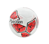 The Precision Fusion FIFA Basic Training Ball by Precision Training features a white, red, grey, and black design with geometric patterns and "precision" branding, crafted with a textured TPU shell against a plain white background.