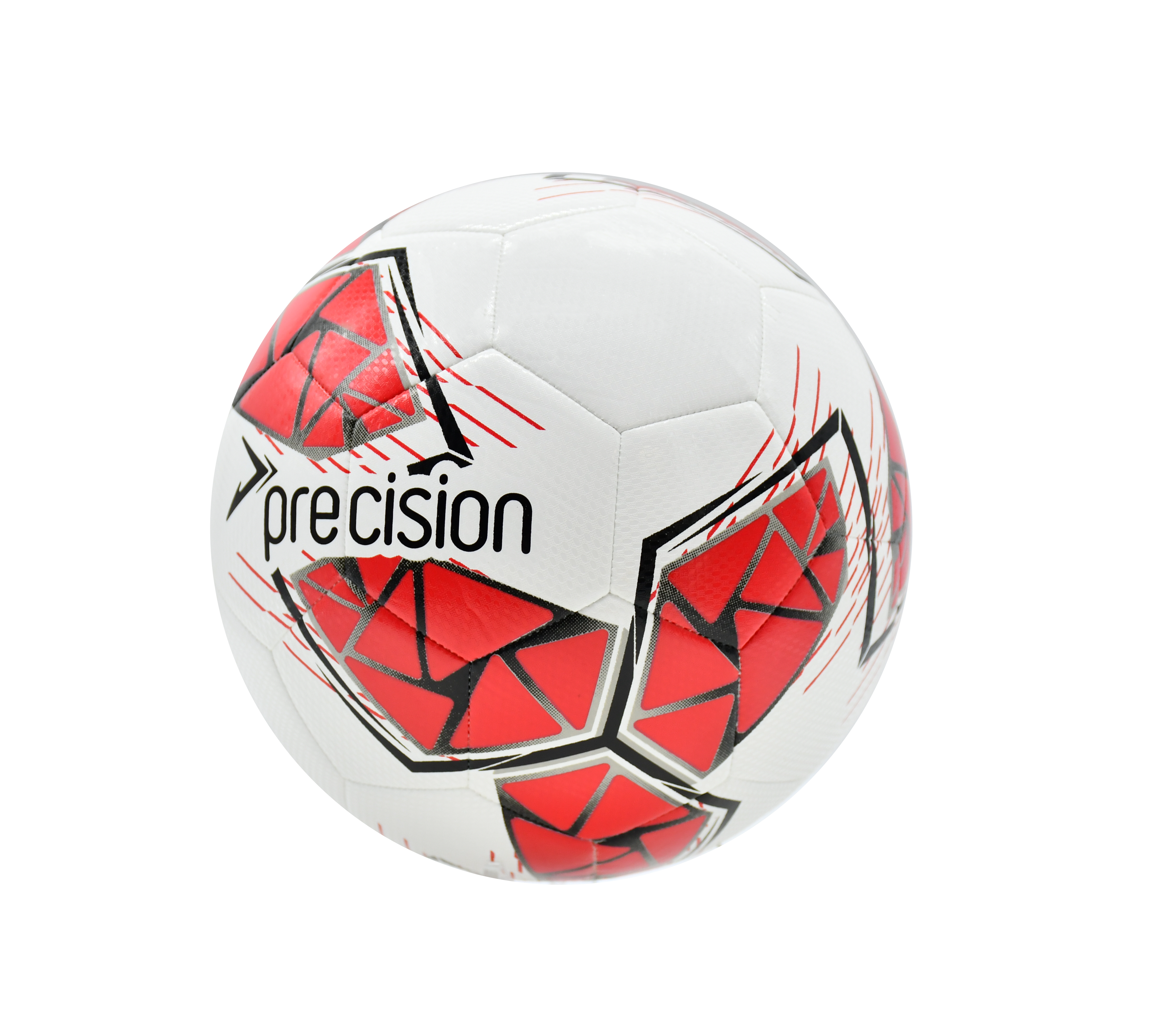 The Precision Fusion FIFA Basic Training Ball by Precision Training features a white, red, grey, and black design with geometric patterns and "precision" branding, crafted with a textured TPU shell against a plain white background.