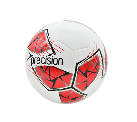 The Precision Fusion FIFA Basic Training Ball by Precision Training features a white, red, grey, and black design with geometric patterns and "precision" branding, crafted with a textured TPU shell against a plain white background.