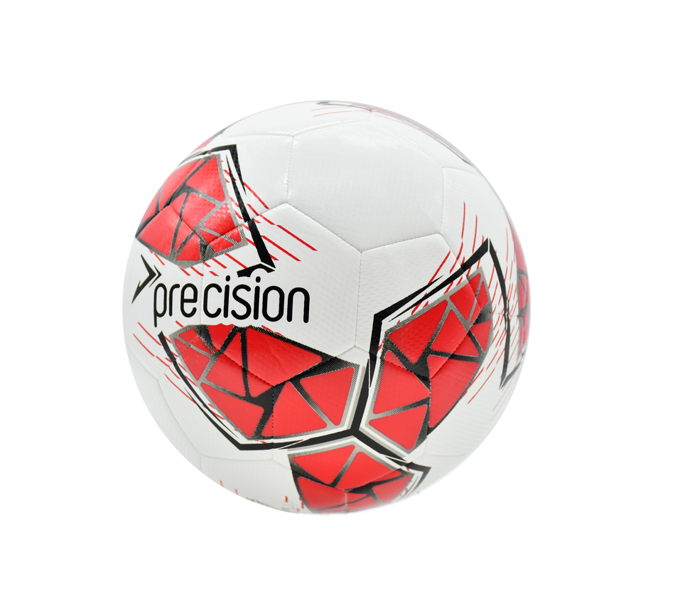 The Precision Fusion FIFA Basic Training Ball by Precision Training features a white, red, grey, and black design with geometric patterns and "precision" branding, crafted with a textured TPU shell against a plain white background.