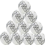 A pyramid stack of ten Precision Training Fusion FIFA Basic Training Balls in white, silver, and black—durable and ideal for training sessions.