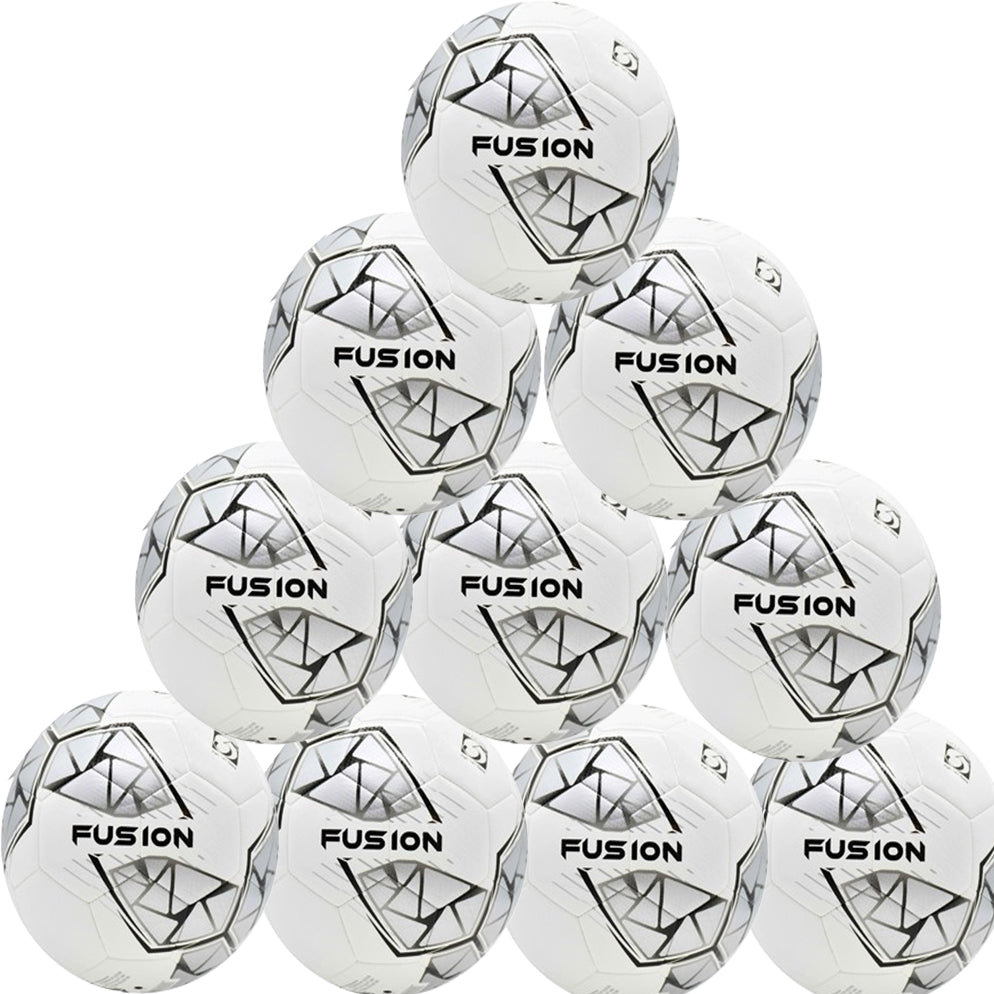 A pyramid stack of ten Precision Training Fusion FIFA Basic Training Balls in white, silver, and black—durable and ideal for training sessions.