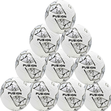 A pyramid stack of ten Precision Training Fusion FIFA Basic Training Balls in white, silver, and black—durable and ideal for training sessions.