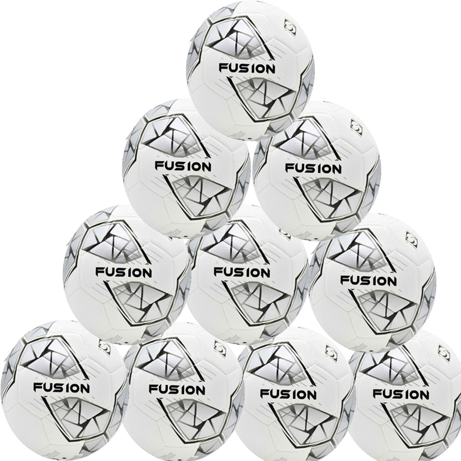 A pyramid stack of ten Precision Training Fusion FIFA Basic Training Balls in white, silver, and black—durable and ideal for training sessions.