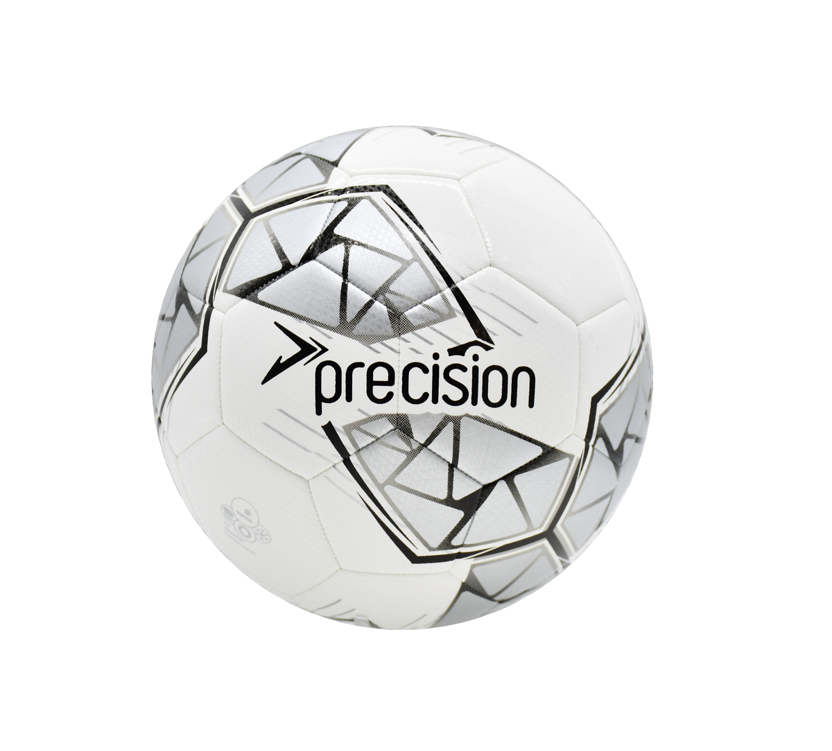 The Precision Fusion FIFA Basic Training Ball by Precision Training features a white design with black and gray geometric patterns and a textured TPU shell, displaying "precision" in bold black—ideal for FIFA basic matches or training.