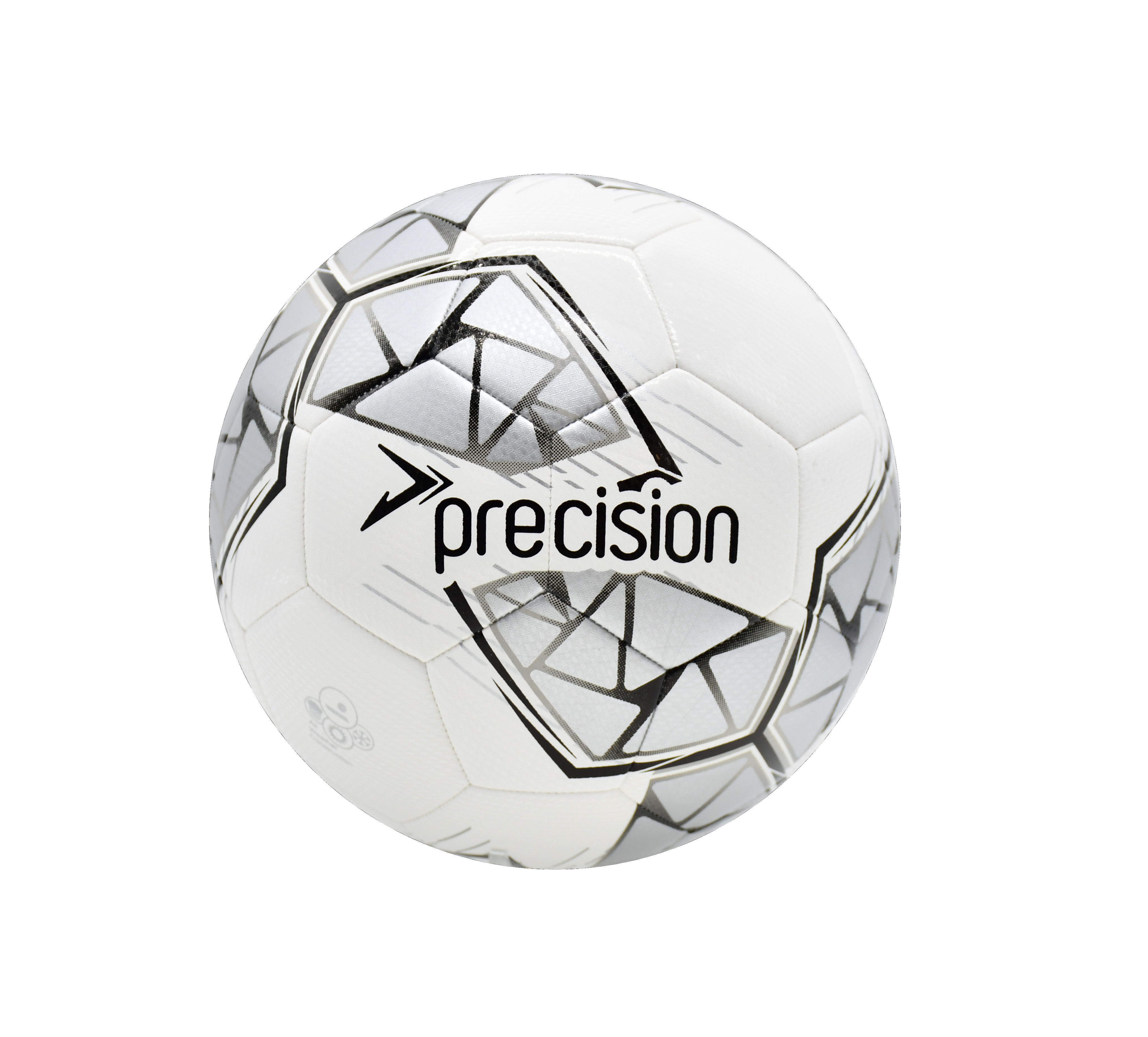 The Precision Fusion FIFA Basic Training Ball by Precision Training features a white design with black and gray geometric patterns and a textured TPU shell, displaying "precision" in bold black—ideal for FIFA basic matches or training.