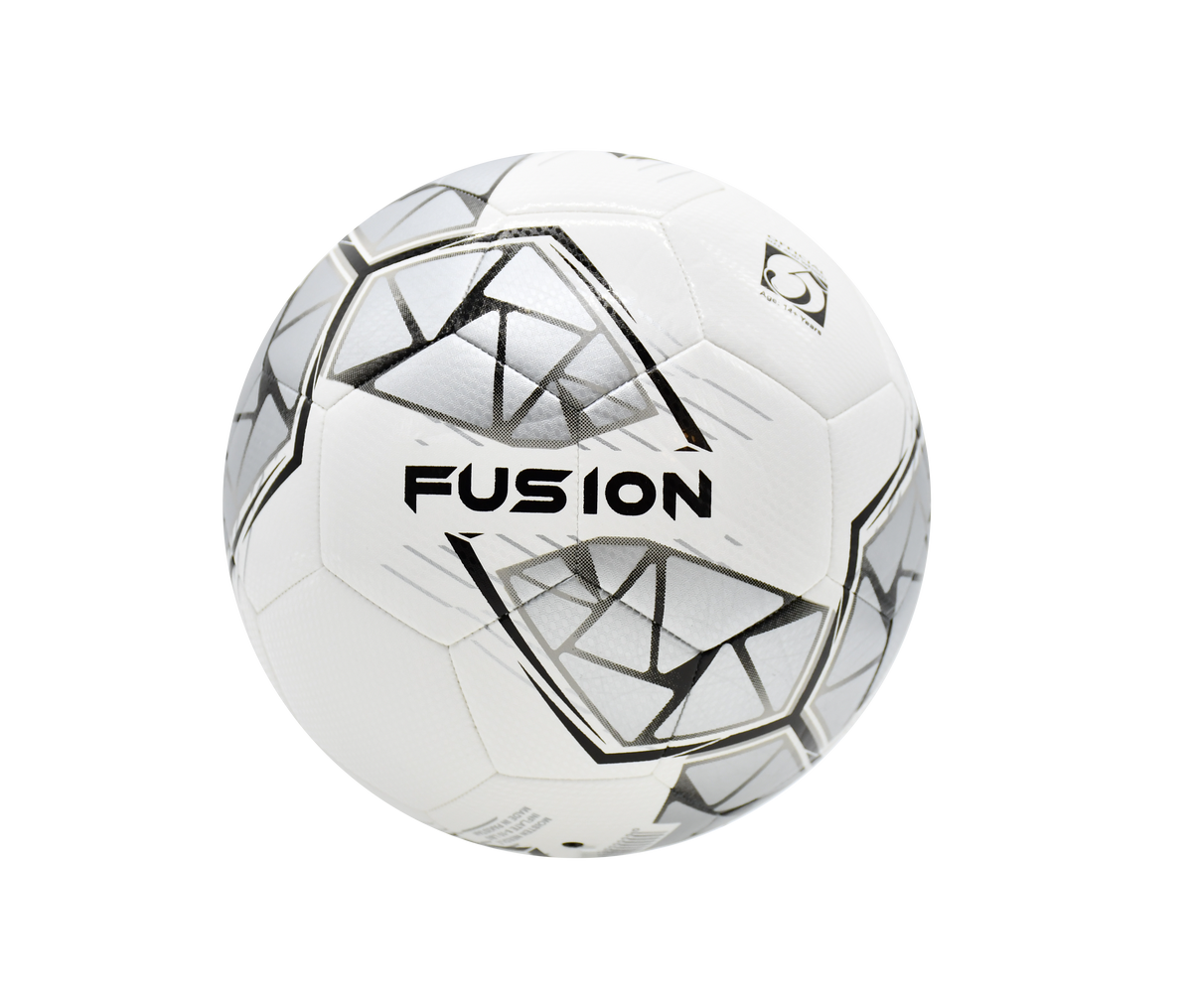 The Precision Fusion FIFA Basic Training Ball by Precision Training is a white ball with black geometric patterns, a textured TPU outer shell, and "FUSION" boldly printed on the front.