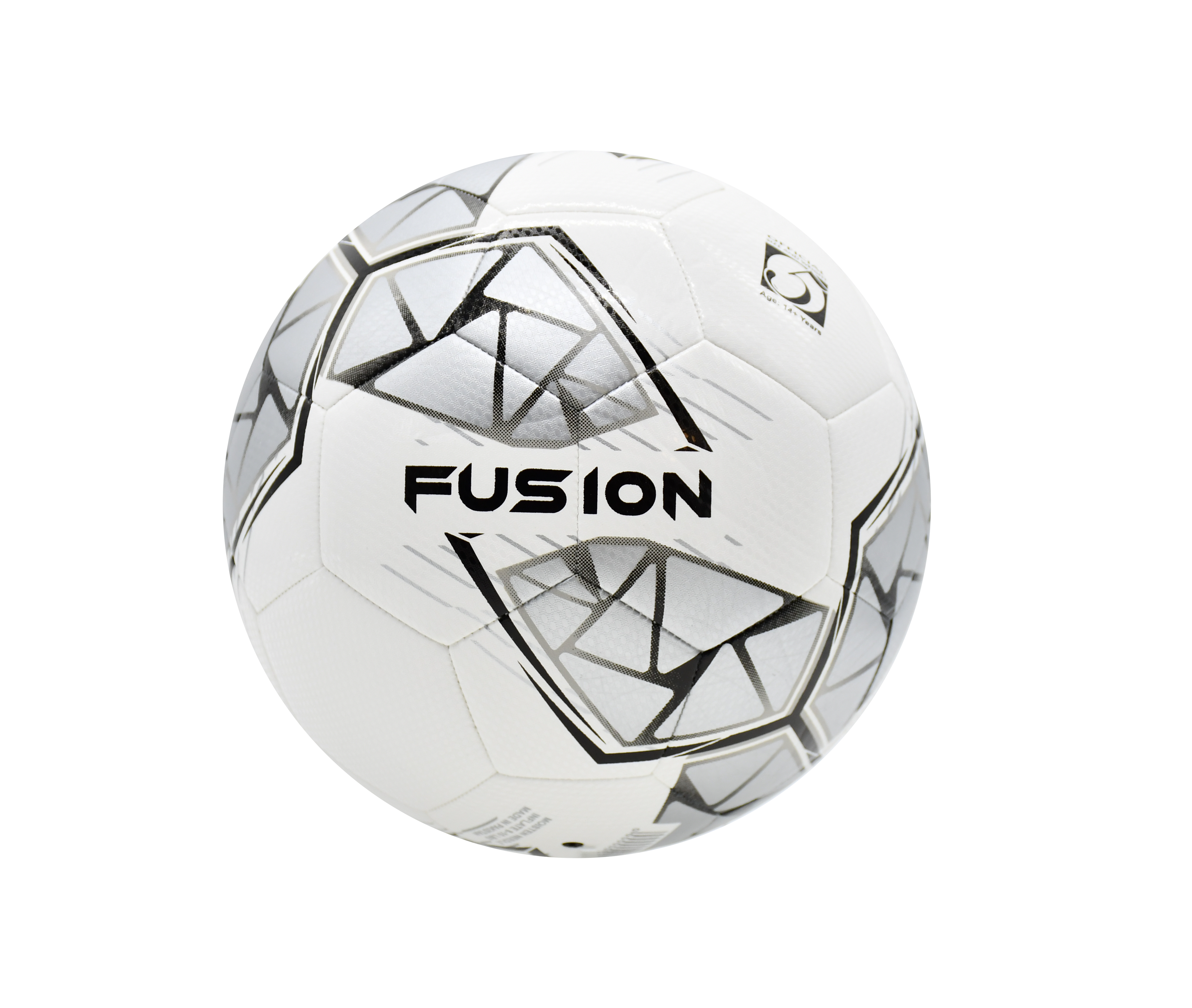 The Precision Fusion FIFA Basic Training Ball by Precision Training is a white ball with black geometric patterns, a textured TPU outer shell, and "FUSION" boldly printed on the front.