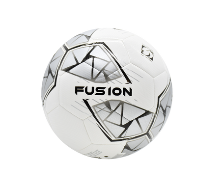 The Precision Fusion FIFA Basic Training Ball by Precision Training is a white ball with black geometric patterns, a textured TPU outer shell, and "FUSION" boldly printed on the front.