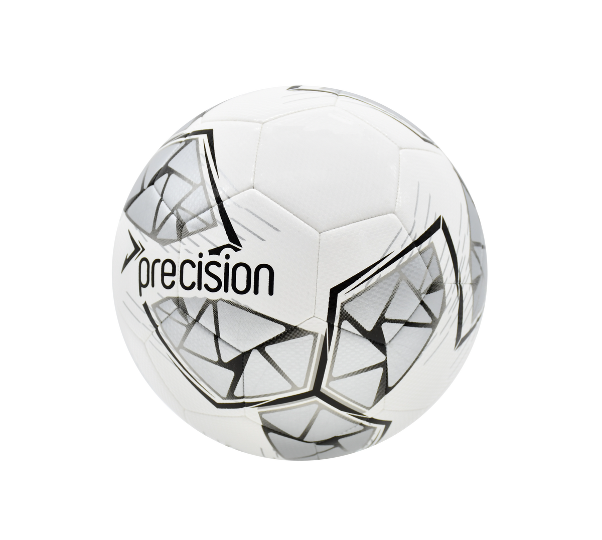 The Precision Fusion FIFA Basic Training Ball by Precision Training, in white/silver/black, features geometric patterns, a textured TPU shell, and "precision" branding. Photographed on a plain white background.