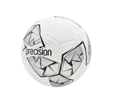 The Precision Fusion FIFA Basic Training Ball by Precision Training, in white/silver/black, features geometric patterns, a textured TPU shell, and "precision" branding. Photographed on a plain white background.