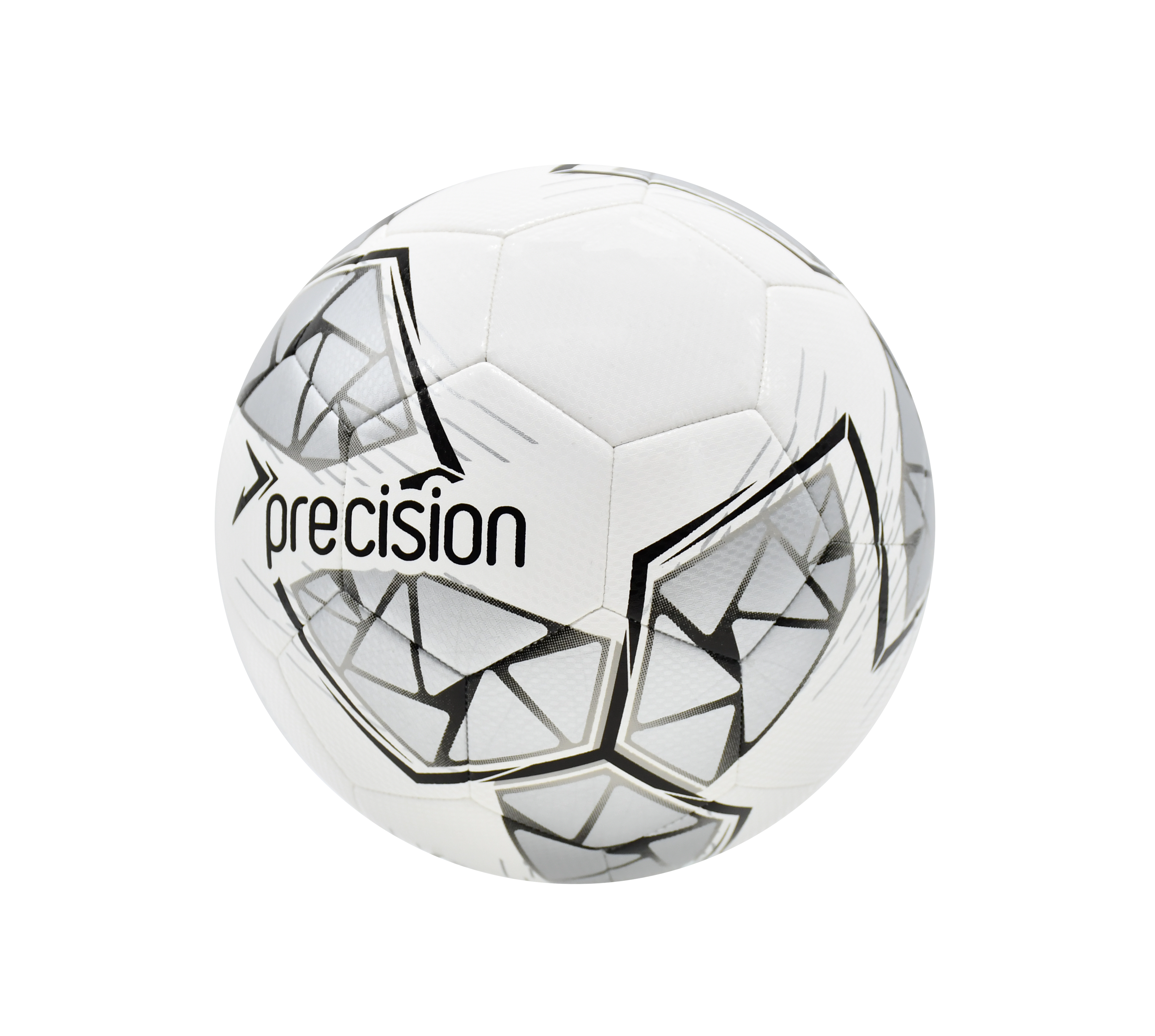 The Precision Fusion FIFA Basic Training Ball by Precision Training, in white/silver/black, features geometric patterns, a textured TPU shell, and "precision" branding. Photographed on a plain white background.