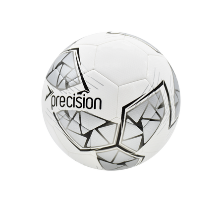 The Precision Fusion FIFA Basic Training Ball by Precision Training, in white/silver/black, features geometric patterns, a textured TPU shell, and "precision" branding. Photographed on a plain white background.