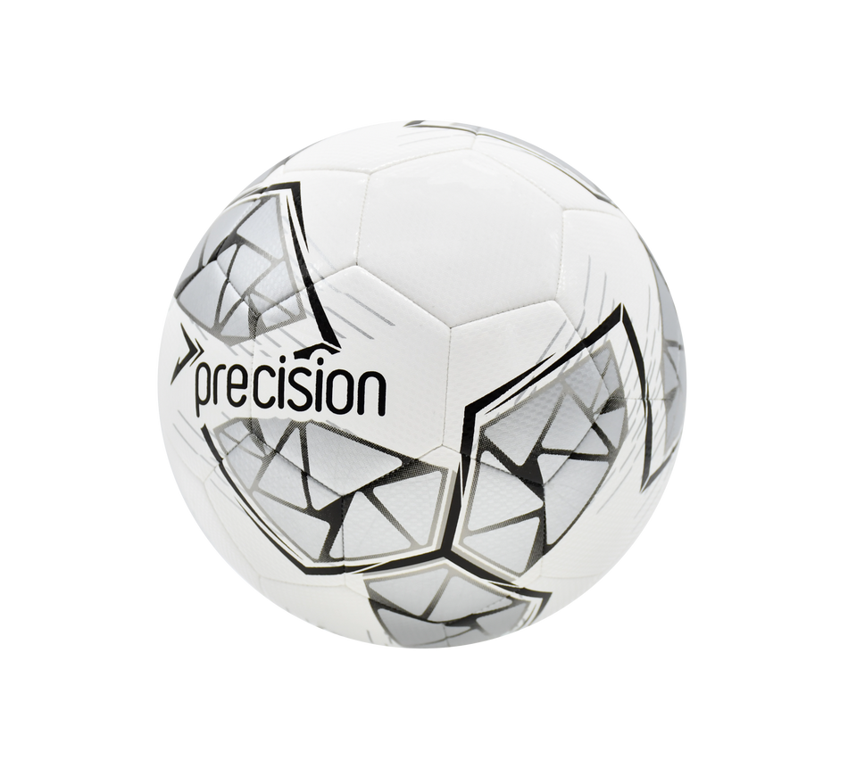 The Precision Fusion FIFA Basic Training Ball by Precision Training, in white/silver/black, features geometric patterns, a textured TPU shell, and "precision" branding. Photographed on a plain white background.