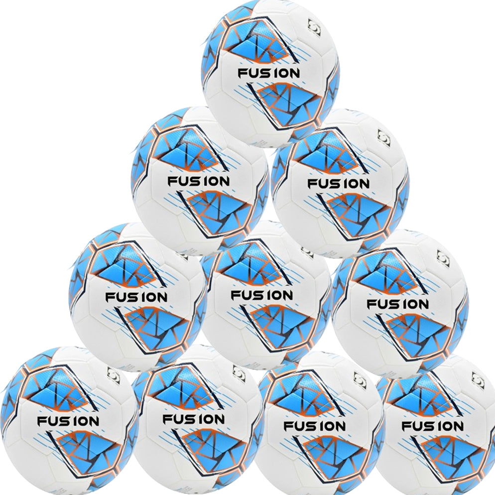 A ten-pack of Precision Fusion FIFA Basic Training Balls from Precision Training, featuring a white, cyan, orange, and grey design—durable and labeled FUSION—meets FIFA Basic Match Standard.