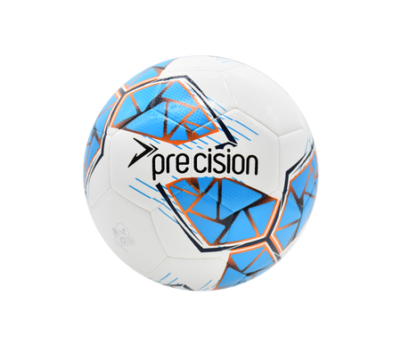 The Precision Fusion FIFA Basic Training Ball by Precision Training is white with blue, orange, and black geometric patterns, a textured TPU outer shell, and "precision" printed in black on the front.