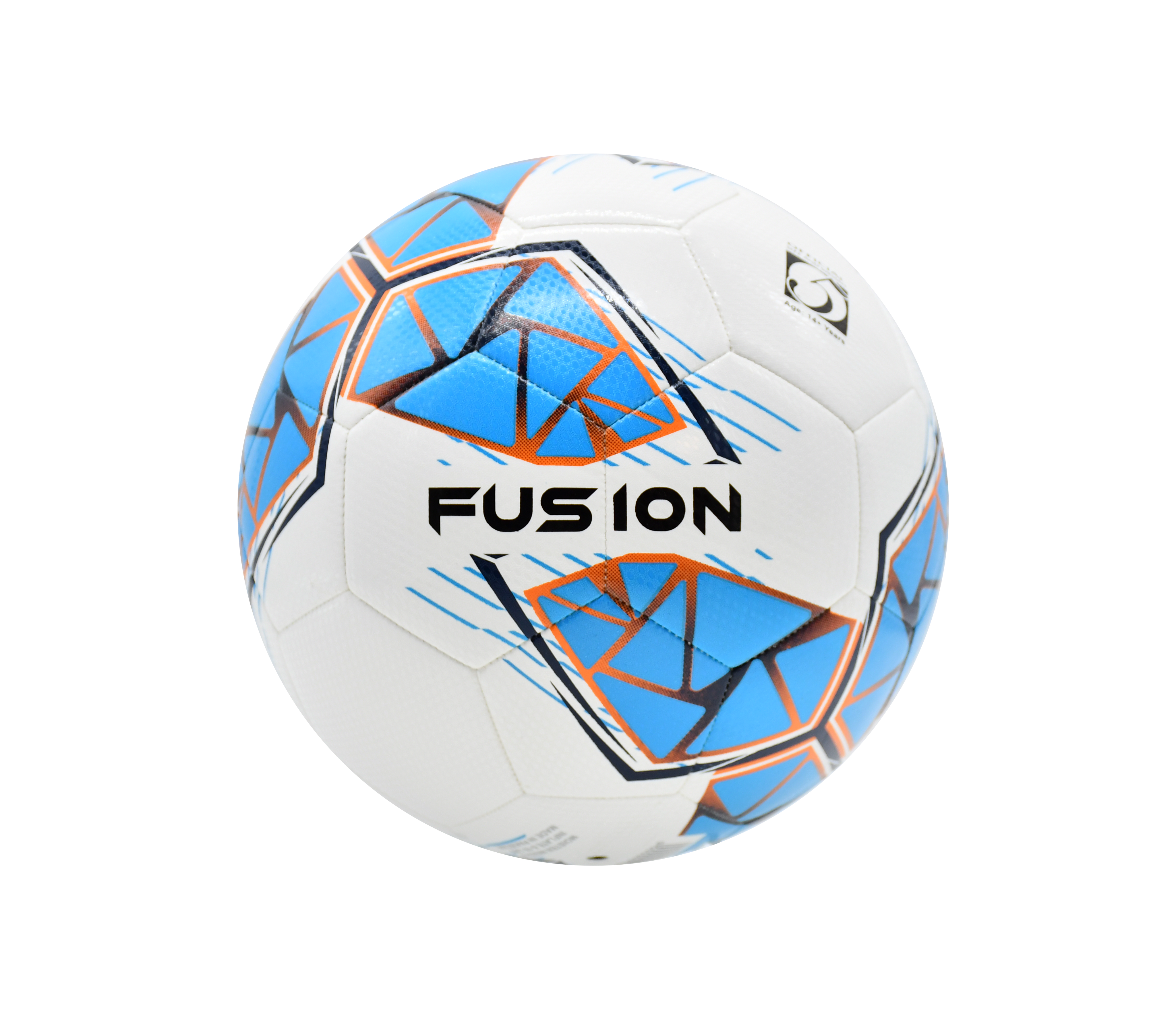 The Precision Fusion FIFA Basic Training Ball by Precision Training is a white soccer ball with blue, orange, and black geometric designs, a textured TPU outer shell, and "FUSION" in bold black letters—ideal for training sessions.