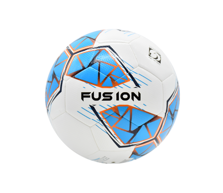 The Precision Fusion FIFA Basic Training Ball by Precision Training is a white soccer ball with blue, orange, and black geometric designs, a textured TPU outer shell, and "FUSION" in bold black letters—ideal for training sessions.