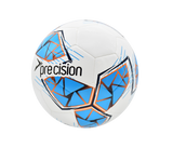 The Precision Fusion FIFA Basic Training Ball by Precision Training features a white textured TPU outer shell with cyan, orange, and grey geometric patterns, and “Precision” branding, set against a plain light background.